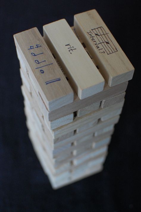 I did it!  I created my own Musical Jenga game. I got the inspiration from the Sing A New Song blog, who in turn got the idea from someone on the Faber Piano Adventures forums. (To view a list of o… Music Class Games, Music Vocabulary, Music Terms, Jenga Game, Math Exercises, Middle School Music, Music Camp, Jenga Blocks, Elementary Music Education