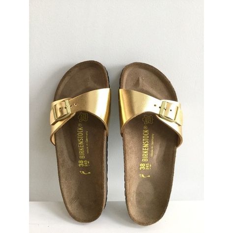 Gold Birkenstocks, Birkenstock Gold, Metallic Gold Shoes, Shoes Birkenstock, Custom Shoes Diy, Maggie Gyllenhaal, Woman's Fashion, Metallic Sandals, Birkenstock Madrid