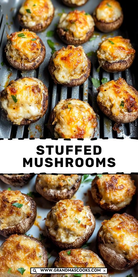 These Air Fryer Stuffed Mushrooms are the perfect bite-sized appetizer! With a crispy exterior and a creamy, flavorful filling, they’re quick to make and packed with delicious flavors in every bite. Mushrooms In Air Fryer Recipe, Easy Mushroom Appetizer, Airfryer Party Food, New Years Kids Party Food, Air Fryer Receipts, Christmas Air Fryer Recipes, Smoked Stuffed Mushrooms, Stuff Mushrooms Recipes, Stuffed Mushrooms Air Fryer