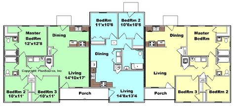 Different sizes Multiple Family House Plans, Multi Family Homestead, Three Family House Plans, Small Triplex House Plans, Multiunit Housing Plans, Multi Family House Plans Shared Kitchen, Townhouse Floorplan, Fourplex House Plans Single Story, Triplex Plans