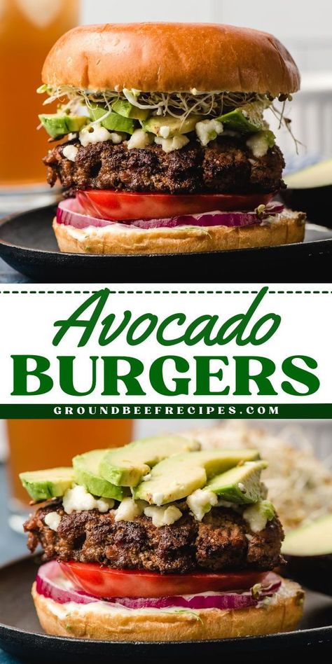 Want more main dishes? Here's a unique burger recipe! Complete with a creamy citrus aioli and toppings, these easy avocado burgers are full of flavor. You're going to love this dinner idea for tonight! Citrus Aioli, Specialty Burgers, Hamburger Dinner, Burger With Avocado, Hamburger Dinner Ideas, Burgers With Avocado, Fried Avocado, Healthy Burger Recipes, Unique Burgers