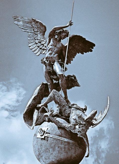 Saint Michael the Archangel. Giuseppe Lomuscio. Italian 1955 - bronze St Michael Tattoo, Fallen Angel Art, Saint Michael The Archangel, Celestial Map, Devil Tattoo, Michael The Archangel, Chest Tattoo Men, Greek Tattoos, San Michele