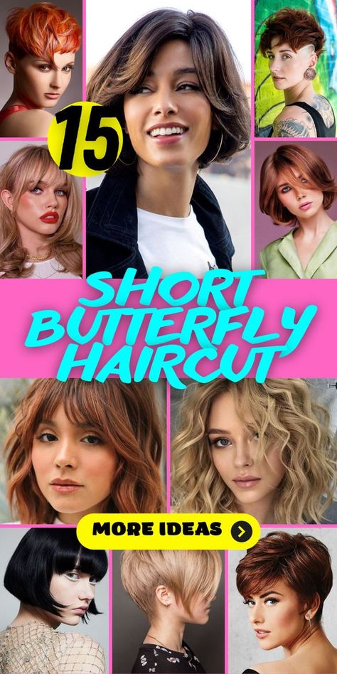 Butterfly Layers Hair Short With Bangs, Butterfly Cut Short Hair With Bangs, Short Hair Butterfly Cut With Bangs, Butterfly Layers Hair Medium Short, Butterfly Haircut Curly Hair Medium, Butterfly Lob Haircut, Butterfly Cut For Short Hair, Butterfly Cut Medium Length, Short Butterfly Haircut With Bangs