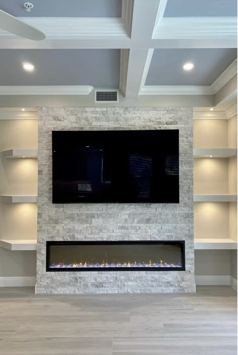 Electric Wall Fireplace, Modern Fireplace Ideas Living Rooms, Basement Fireplace, Built In Electric Fireplace, Feature Wall Living Room, Wall Fireplace, Build A Fireplace, Fireplace Tv Wall, Basement Living Rooms