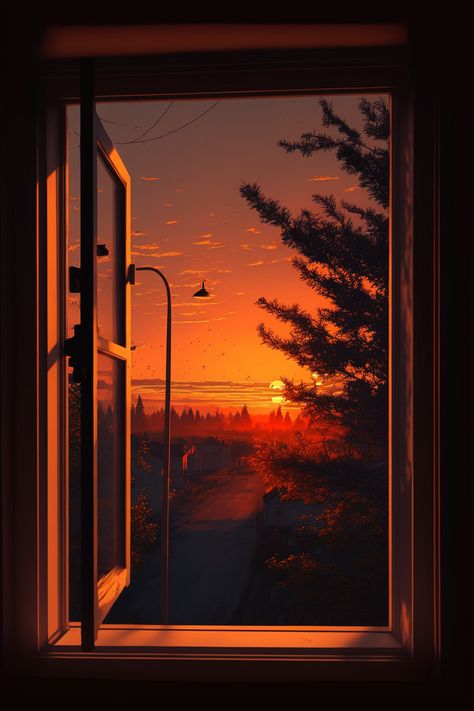 AI GENERATED ORANGE WINDOW SUNSET Sunset Through Window Aesthetic, Sunset Window Painting, Window Image Shadow, Window Sunset Painting, Sun Through Window, Sunset Aesthetic Background, Sunset Through Window, Sunset View Aesthetic, Golden Hour Painting