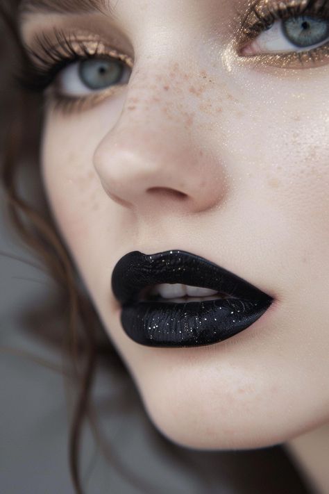 45+ Show-Stealing Black Lipstick Ideas Black Lipstick Looks, Ariana Character, Black Lips Makeup, Black Lipstick Look, Black Lipstick Makeup, Lipstick Ideas, Teal Eyeshadow, Abstract Makeup, Burgundy Eyeshadow