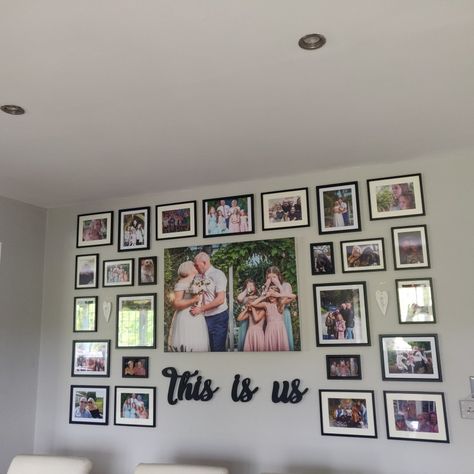 This Is Us Family Picture Wall, Framed Picture Collage Wall, Collage Wall Family Photos, This Is Us Picture Wall, Photo Frames On The Wall Living Room Interior Design, Family Pic Wall Ideas, This Is Us Photo Wall, This Is Us Wall Decor With Pictures, Entryway Photo Wall Ideas