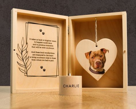 Wooden personalized pet memorial gift. Custom pet loss gift. Dog passing gift with pets name and photo A Name Photo, Condolence Message, Wooden Pet Memorial Ideas, Shadow Box For Passed Pet, Dog Memorial Box Frame, Pet Memorial Candle, Pet Condolences, Dog Memorial Wood Sign, Condolence Messages