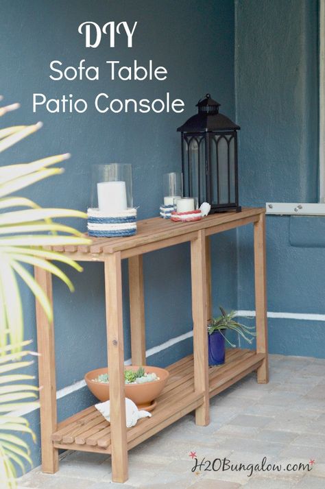 DIY outdoor sofa table tutorial. Could easily be a console or sofa table indoors too. H2OBungalow Outdoor Serving Table, Outdoor Sofa Table, Meja Sofa, Diy Tables, Diy Console, Outdoor Console Table, Diy Console Table, Diy Outdoor Furniture Plans, Diy Sofa Table