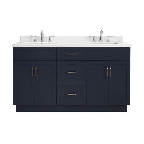 Lincoln 60-inch W x 22-inch D Vanity in Midnight Blue with Marble Vanity Top in White with White Sink Dark Blue Exterior, 60 Inch Vanity, Cultured Marble Vanity Top, Simple Bathroom Decor, Rustic Vanity, Blue Exterior, Small Bathroom Vanities, Modern Hardware, Shaker Style Doors