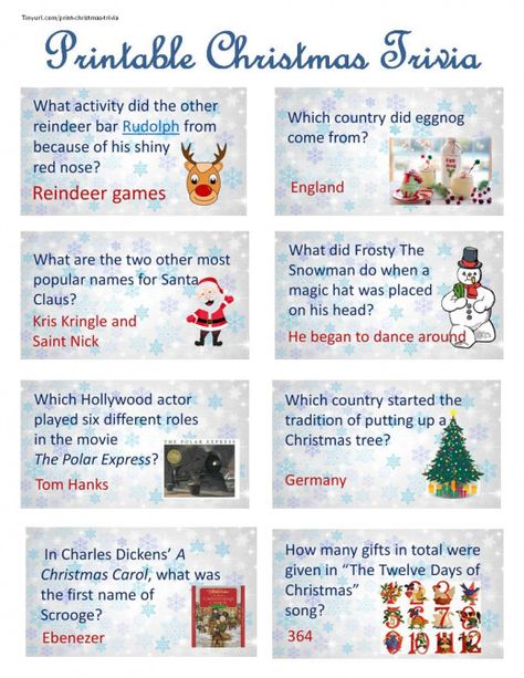 Christmas trivia on cute cards you can print and take with you. Easy questions so that kids can play along. Site also includes slideshow you can download. Makes it super quick and easy to play a trivia game at your Christmas party. Family, Entertainment, Holidays, Yuletide, Games, Fun, Simple, Guessing Christmas Trivia Games With Answers, Easy Christmas Trivia, Christmas Trivia For Kids, Christmas Jeopardy, Xmas Party Games, Christmas Party Family, Christmas Trivia Questions, Christmas Trivia Games, Popular Christmas Songs