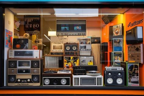 80s-style store exterior with window display of retro electronics and vinyl records stock photos Retro Electronics, Store Exterior, Store Window Displays, Camera Store, Store Window, Windows Exterior, 80s Style, Window Displays, Shop Window