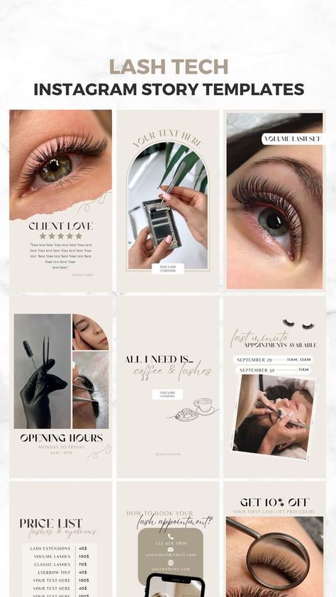 Lash Tech Instagram Story Template, Beige Lash Template Instagram, Lash Content Instagram Engagement Lash Studio Instagram Feed, Lash Extension Branding Ideas, Lash Tech Instagram Templates, Lash Instagram Story Ideas, Lash Instagram Bio Ideas, Eyelash Content, Lash Post Ideas, Lashes Instagram Feed, Lash Instagram Theme