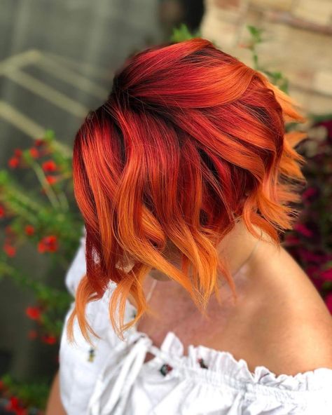 Sunset hair color. Paul Mitchell Pop. Red And Orange Hair, Sunset Hair Color, Red Orange Hair, Cheveux Oranges, Sunset Hair, Hair Color Orange, Fire Hair, Short Ombre Hair, Vivid Hair Color