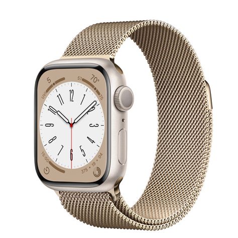 Apple Watch Series 8 GPS, 41mm Starlight Aluminum Case with Gold Milanese Loop http://www.apple.com/shop/product/Z0YQ/apple-watch?option.watch_cases=MNPD3LL/A&option.watch_bands=ML733AM/A Apple Watch Starlight, Apple Watch Series 8, Apple Watch Bracelets, Apple Watch Sizes, Gold Apple Watch, Small Watch, Apple Watch Models, 38mm Apple Watch Band, Metal Straps