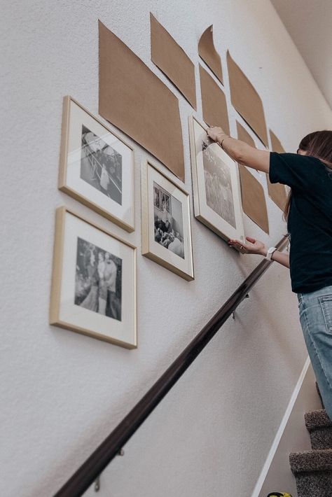 Family Portrait Wall Display Stairs, Family Photos On Staircase Wall, Stairway Pictures Layout, Art Work Going Up Stairs, Family Photo Gallery Wall Stairway, Gallery Wall Curved Staircase, Gallery Wall Stair Landing, Picture Wall Staircase Layout, Family Photos Up Staircase