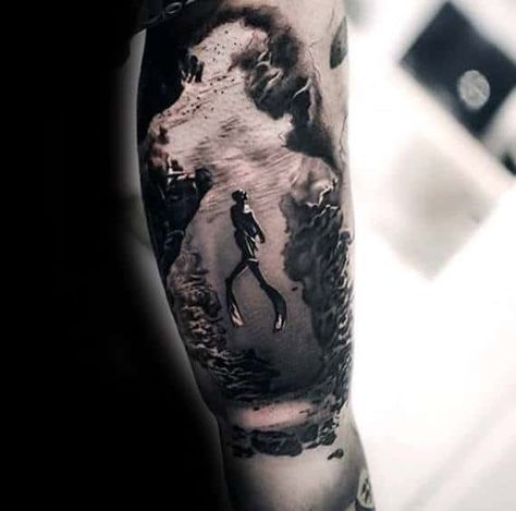 Mens Underwater Diver 3d Arm Tattoo Designs Ocean Diver Tattoo, Underwater Diver, Arm Tattoos For Men, Underwater Tattoo, Ocean Sleeve Tattoos, Diver Tattoo, Ocean Sleeve, Arm Tattoo Ideas, Dove Tattoos