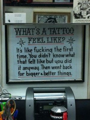 If you're considering getting your first tattoo, you'll want to take a look at these funny tattoo shop signs first. This way, you'll fully understand the rules of proper tattoo parlor etiquette before you sit down in the chair. Seriously, the last thing you want to do is make a tattoo artist upset.... Tattoo Shop Signs, Side Piece Tattoos, Tattoos Celtic, Tattoo Shop Interior, Tattoos Angel, Tattoo Shop Decor, Tattoo Studio Interior, Wing Tattoos, Cream Tattoo