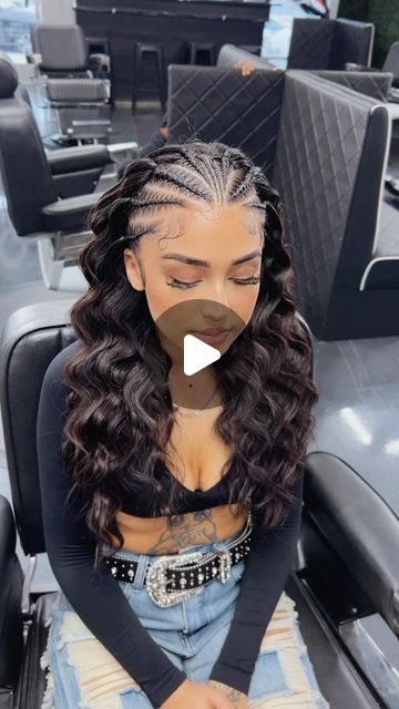 BRAIDS & STYLING on Instagram: "WHO ELSE IS OBSESSED WITH THIS LOOK 🤩🥰😍  WHO ELSE IS READY TO BOOK THIS LOOK 😍🔥!  : : : : : #braids #hairstylist #hair #hairideas #hairstyle #hairstyles #crownbraid #halfuphairstyle #cute #beautiful #cutehairstyles #lashes #crimpedhair #hottools #edges #babyhair #edgesonfleek #braiddesigns #hairtransformation #hairart #explore #reels" Cornrow Hairstyles With Curly Hair, Braids And Crimped Hair, Feed In Braids Half Up Half Down Weave, Braided Front Weave Back, Braided Crimped Hair, Cute Up Braided Hairstyles, Picture Hairstyles For Women, Half Up Cornrow Hairstyles, Half Up Half Braided Hairstyles