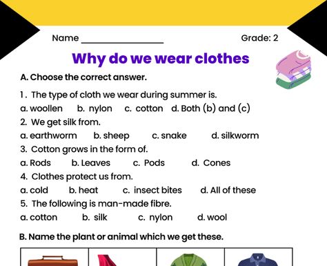 Clothes We Wear Worksheet, Evs Worksheet For Class 1 Clothes, Nutrition In Plants, Clothes Worksheet, Worksheet For Class 2, Human Body Worksheets, Worksheets For Class 1, English Grammar For Kids, Short Gown Styles