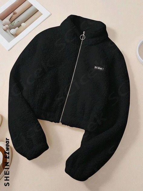 To find out about the SHEIN EZwear Letter Patched Detail Zip Up Crop Teddy Jacket at SHEIN, part of our latest Women Jackets ready to shop online today! Teddy Jacket, Mix Match, Zip Ups, How To Find Out, Jackets For Women