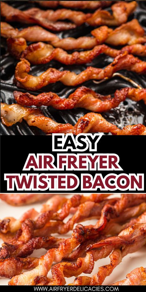 Crispy twisted bacon strips cooked in an air fryer, served on a white plate. Bacon Twist Recipe, Twisted Bacon, Airfryer Breakfast, Air Fryer Bacon, Easy Air Fryer Recipes, Twisted Recipes, Bacon Recipe, Air Fryer Recipe, Air Fryer Dinner