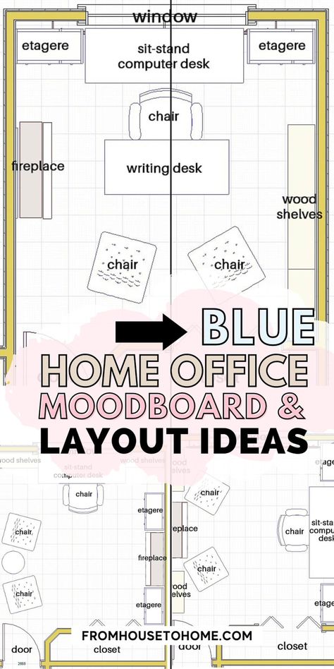 Home Office For Clients, Blue Office Furniture, Office Furniture Layout Floor Plans, Corner Desk Office Layout, Stand Up Desk Office Layout, 2 Desk Home Office, 2 Desk Office Layout, Glam Office Ideas, Home Office Layout Ideas