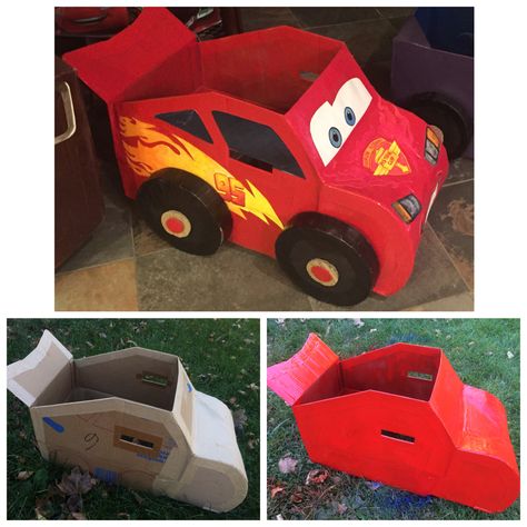 Disney Cars Cardboard Box Car, Cardboard Box Lightning Mcqueen, Diy Cars Halloween Costume, Lightning Mcqueen Cardboard Car, Lightning Mcqueen Box Car, Lightning Mcqueen Diy Costume, Diy Lightening Mcqueen Costume, Family Cars Costume, Lightning Mcqueen Valentines Boxes