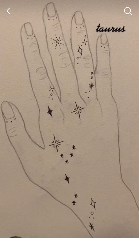 Hand Tattoos Zodiac Sign, Taurus Constellation Tattoo Hand, Zodiac Sign Constellation Tattoo, Space Finger Tattoo, Sparkles Hand Tattoo, Scattered Stars Tattoo, Hand Constellation Tattoo, Zodiac Hand Tattoos, Taurus Hand Tattoo