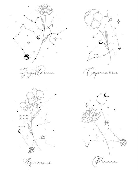 Zodiac Constilations Tattoo, Aquarius Small Tattoo Ideas, Pisces Flower Constellation Tattoo, Aquarius Flower Constellation Tattoo, Pieces Constellation Tattoo Pisces, January Capricorn Tattoo, Geometric Pisces Tattoo, Tattoo Ideas Female Aquarius, Aquarius Tattoo Flower