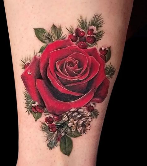 @katarina.heinze did this incredibly realistic Christmas rose tattoo. It perfectly captures the feeling of the holiday, and winter, with the pine cones, pine leaves, snow, and Christmas berries, along with the moisture that appears to be held in the bright red rose. Half Sleeve Tattoos Traditional, Xmas Tattoo, Snow And Christmas, Daniel Tattoo, Pine Tattoo, Snow Tattoo, Snow Flake Tattoo, Pine Leaves, Rose Flower Tattoos