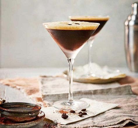 Amaretto espresso martini — Good Food Classic Martini, Shaken Not Stirred, Cocktail Garnish, Bbc Good Food Recipes, Martini Glasses, Wine Clubs, Espresso Martini, Cocktail Shaker, Espresso Coffee