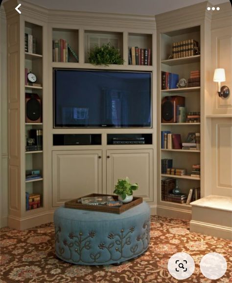 Corner Built In With Tv, Custom Corner Tv Cabinet Built Ins, Corner Tv Built In, Built In Corner Tv Cabinet, Corner Built In Shelves, Corner Tv Table, Diy Corner Tv Stand, Corner Tv Ideas, Built In Corner Cabinet