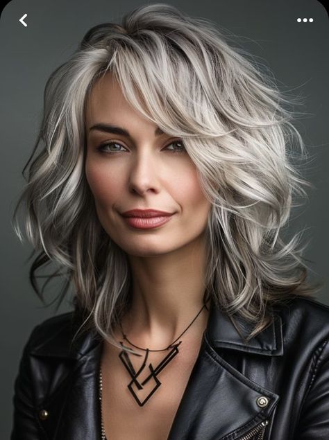 Dark Highlights On Gray Hair, Blonde Hair Styles Women, Highlights For Silver Hair, Funky Gray Hair, Shag Gray Hairstyles, Gray Hair Color Ideas Over 50, Hair Color Ideas For White Hair, Best Hair Color For Graying Hair Over 50, Very Layered Hair Medium Over 50 2024