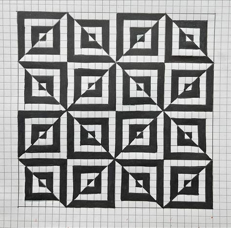 Optical Illusion Drawings On Graph Paper, Square Paper Drawing Ideas, Pixel Art Illusion, Drawing On Square Paper, Grid Paper Doodles, Grid Paper Art Pattern, 3d Square Drawing, Square Paper Drawing, Grid Paper Drawings