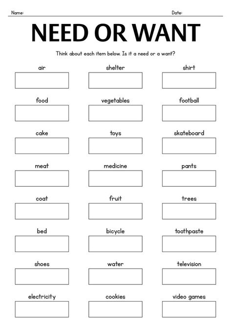 Looking for a way to distinguish between wants and needs? Our free printable worksheet for adults will help you prioritize and manage your resources effectively. Start making smarter decisions today! #Priorities #SelfReflection #BudgetingTips #wantneed Worksheet For Adults, Needs And Wants Worksheet, Worksheets For Adults, Independent Living Skills, Needs Vs Wants, Literacy Worksheets, Verb Worksheets, Living Skills, Wants And Needs