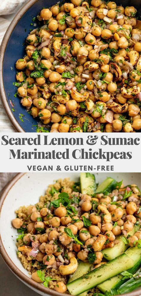 These Seared Lemon & Sumac Marinated Chickpeas are packed with zesty citrus flavor and easy to make ahead for a quick and filling meal. Marinated Chickpeas, Chickpea Plant, Sumac Recipes, Vegan Entree, Delicious Gluten Free Recipes, Turkish Food, Anti Inflammation, Healthy Comfort Food, Flour Recipes