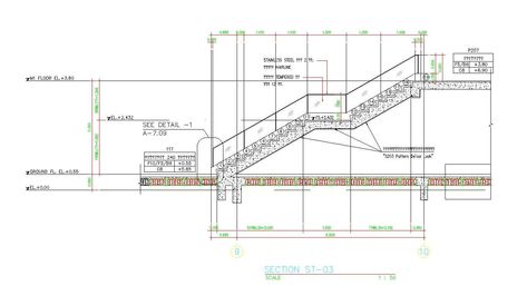 Double landing single flight staircase section details are given in this AutoCAD drawing file.Download the free AutoCAD file now. - Cadbull Straight Flight Staircase Design, Building Elevation, Drawing Block, Autocad Drawing, Staircase Design, Fish Bone, Autocad, Architecture Details, Design Projects