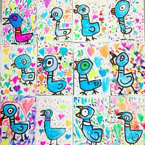 In the Art Room: Kindergarten Mo Willems Pigeons! | Cassie Stephens | Bloglovin’ Dont Let The Pigeon Drive The Bus Art, Mo Willems Pigeon, Mo Williams, Grade 1 Art, Room Kindergarten, First Grade Art, Kindergarten Art Lessons, Cassie Stephens, Spring Art Projects