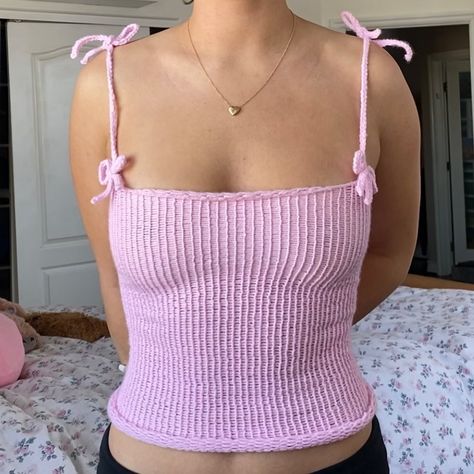 | Very cute and coquette soft pink knit x crochet tank with mini bows on each strap strap𓂃 .𓄹𓈒:⋆𐙚₊˚⊹♡ So in love with this pink!! available… | Instagram Mini Pink, Crochet Tank Top, Pink Bows, Pink Knit, Mini Bows, Crochet Tank, College Outfits, Pink Bow, Soft Pink