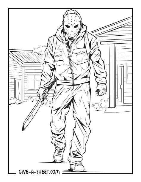 Michael Myers holding a knife halloween horror coloring page for adults. Jason Voorhees Coloring Pages, Friday The 13th Coloring Pages, Scary Movie Coloring Pages, Michael Myers Coloring Pages, Horror Movie Coloring Pages, Horror Coloring Pages Free Printable, Adult Colouring Printables Free, Jason Voorhees Drawing, Michael Myers Drawing