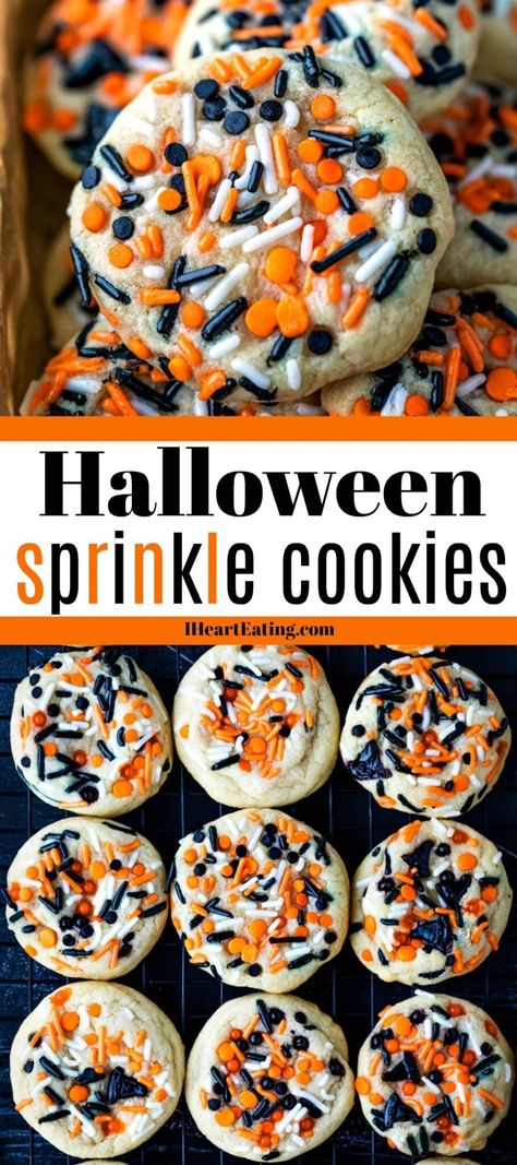 Halloween Sprinkle Cookies - soft vanilla cookies topped with a generous coating of sprinkles. Easy Halloween dessert that's ready in less than 30 minutes! Halloween Desserts For Kids, Halloween Desserts For Parties, Halloween Desserts Kids, Cookies Pillsbury, Sprinkle Cookies Recipe, Desserts Halloween, Desserts For Parties, Halloween Deserts, Halloween Cookie Recipes