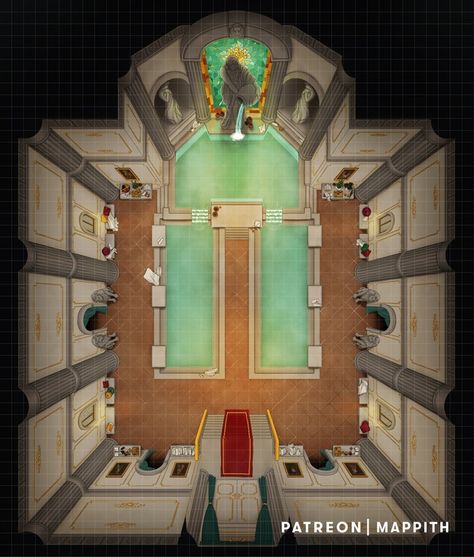 Bathhouse [40x47] | Patreon Underground Dungeon, Castle Floor Plan, Dnd World Map, Spy Party, Battle Map, Fantasy Town, Fantasy Rooms, Tabletop Rpg Maps, Dnd Maps