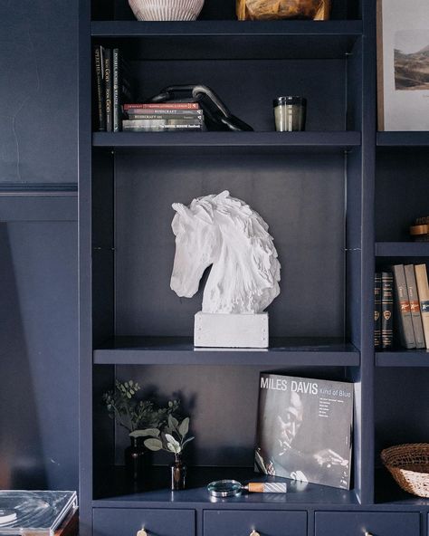 Love this royal dark blue paint for our office remodel. Here's some inspiration for choosing shelf decor. Dark Blue Home Office, Blue Home Office, New Year New Home, Blue Home Offices, Dark Office, Home Office Shelves, Dark Blue Paint, Build Projects, Office Remodel