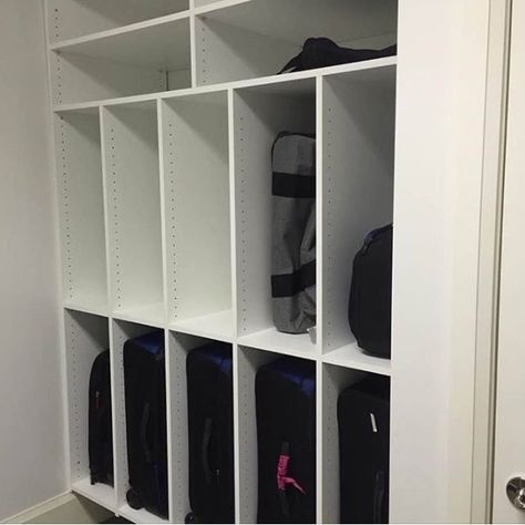 Luggage Storage Ideas Closet, Luggage Storage Ideas, Suitcase Shelves, Home Office Closet, Bathroom Mirror With Shelf, Attic Closet, Suitcase Storage, Storage Room Organization, Garage Organization Diy