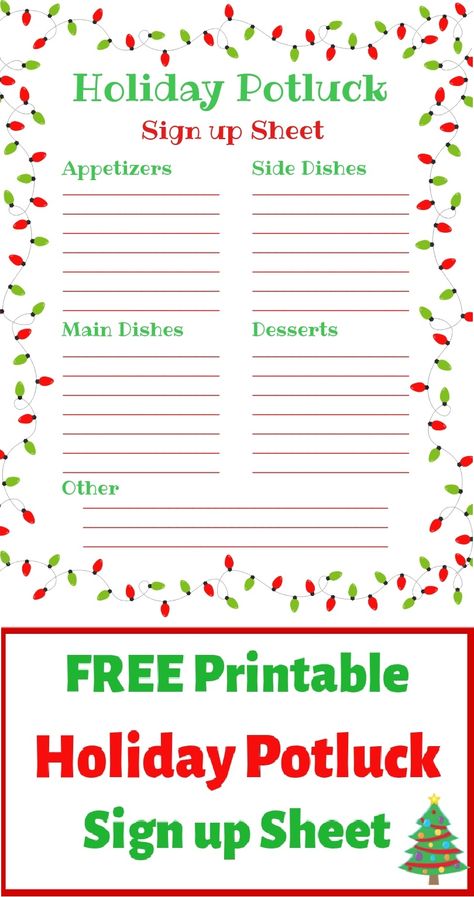 Holiday Potluck Sign up Sheet ~ Use this super cute FREE Printable Holiday Potluck Sign up Sheet to keep track of what everyone is bringing to your next Holiday party! Potluck List Template, Christmas Party Potluck, Party Food List, Winter Party Foods, Sign Up Sheet Template, Potluck Sign Up Sheet, Rustic Christmas Party, Party Food Signs, Holiday Potluck