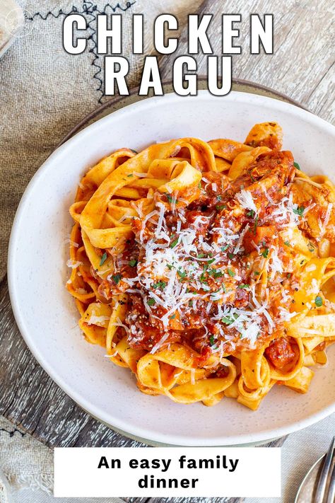 This amazing Chicken Ragu is the ultimate in easy comfort food! It takes hardly any effort, cooks in the oven, and is big on flavor! You can serve it over pasta, gnocchi, cheesy polenta, or mashed potato for a delicious family meal that everyone will love. Add a side salad and some garlic bread, and dinner is done. It is the perfect family meal, or serve it to guests, I know they'll be impressed. Giada Chicken Ragu, Chicken Ragu Recipes, Chicken Ragu, Ragu Pasta Sauce, Cheesy Polenta, Pasta Gnocchi, Grilled Chicken Pasta, Healthy Italian Recipes, Tea Sandwiches Recipes