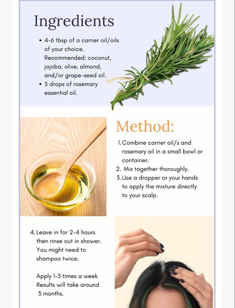 Rosemary Essential Oil For Hair Growth Diy, Jojoba And Rosemary Oil For Hair, Coconut Oil And Rosemary Oil Hair Growth, Hair Oil Mixture For Growth, Hair Thickening Remedies, Rosemary Oil For Hair Growth, Homemade Hair Treatments, Herbs For Hair, Healthy Natural Hair Growth