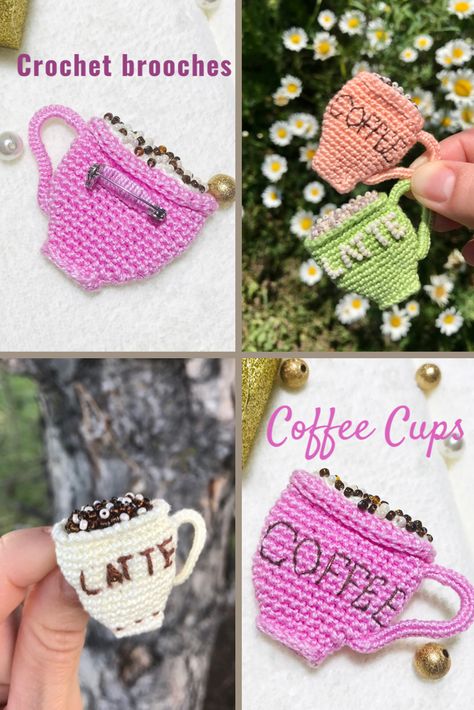 Crochet Coffee Cup Applique, Pet Crochet, Crochet Coffee, Crochet Brooch, Crochet Jewelry Patterns, Brooch Diy, Crochet Bookmarks, Crochet Diy, Crochet Applique