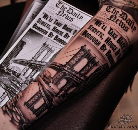 Hometown Tattoo Sleeve, Newspaper Tattoo Design, Newspaper Tattoo Ideas, News Paper Tattoo, Newspaper Tattoo, Hometown Tattoo, Tom Tattoo, Chicano Tattoos Sleeve, Heaven Tattoos